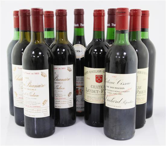 Eleven assorted bottles of red wine including three bottles of Chateau Branaire 1982, Saint Julien,